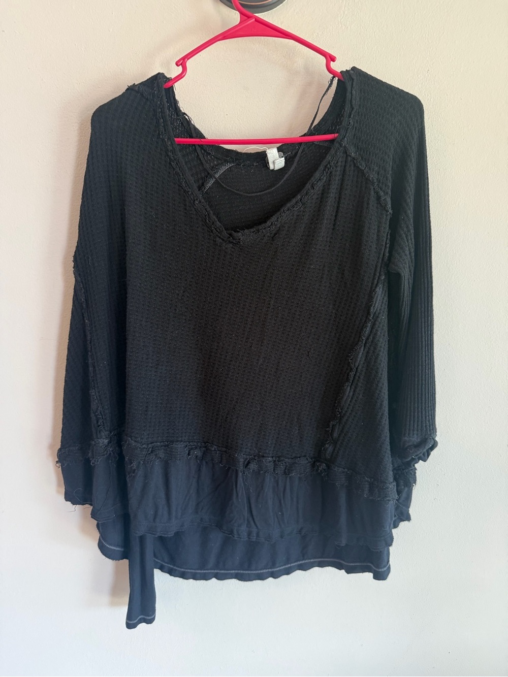 Free People We The Free Black Waffle Knit Thermal Raw Hem Top XS